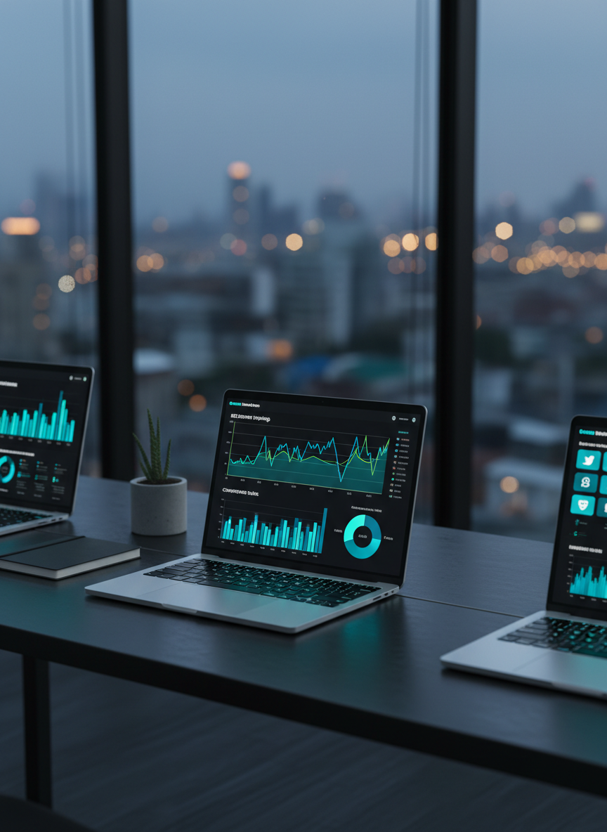 A sleek glass-walled workspace at twilight, with multiple ultra-thin laptops displaying vibrant analytics dashboards, SEO graphs, and ad campaign metrics on crisp, high-resolution screens. The devices rest on a matte black desk with subtle texture, framed by minimalist accessories like a small concrete planter and a closed notebook. Cool blue and teal interface colors softly illuminate the keys and desk surface, while city lights glow faintly through the windows in the background. Photographic realism with clean, modern aesthetics, shot at eye level with a shallow depth of field, keeping the central laptop in sharp focus. The mood is professional, data-driven, and forward-looking, suggesting momentum and growth in digital marketing performance.