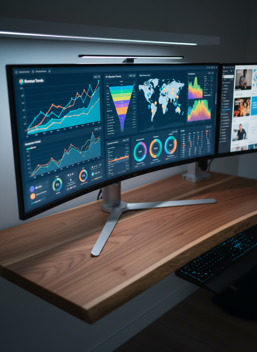 A close-up of a large, ultra-wide monitor on a floating wood desk, displaying a vivid, multi-colored marketing performance dashboard with rising line graphs, funnel charts, and map-based analytics. The monitor’s thin bezel and brushed aluminum stand contrast against the warm, natural grain of the desk. In the softly blurred background, additional screens show social media ad creatives and keyword research tools. Cool, focused LED desk lighting casts a subtle glow on the screen edges and keyboard, enhancing the high-tech, data-driven atmosphere. Photographic realism with a slightly elevated angle emphasizes precision, efficiency, and momentum in campaign optimization.