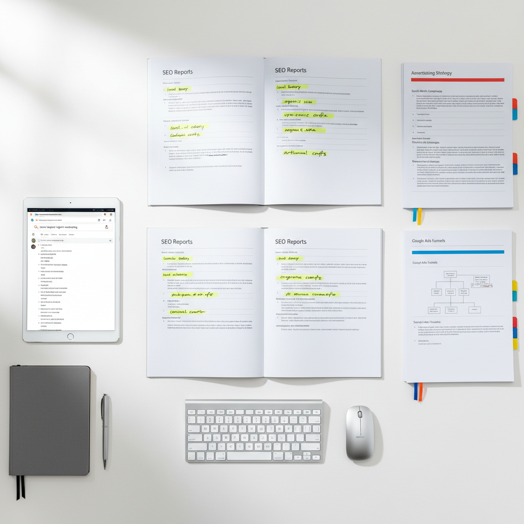 An overhead view of a pristine white desk arranged in a precise grid, featuring printed SEO reports with highlighted keywords, a tablet displaying a search results page, and neatly stacked advertising strategy documents with colored tabs. A slim metallic keyboard and wireless mouse align perfectly alongside a graphite-grey notebook and a chrome pen. Soft, diffused daylight from an unseen window brightens the scene, creating gentle, natural shadows and crisp contrast. The composition follows a minimalist, rule-of-thirds layout with photographic realism, exuding a sense of clarity, organization, and professional focus on strategic digital marketing planning for small businesses.