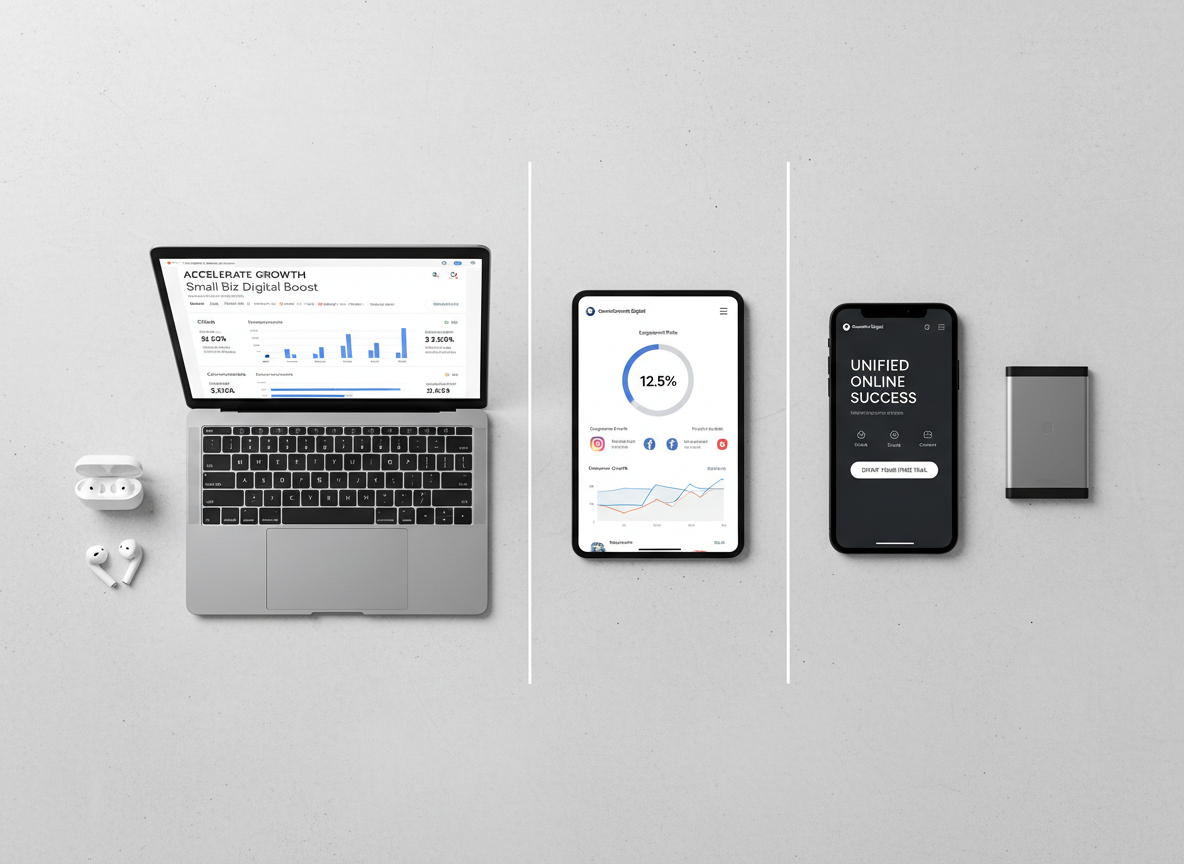 A dynamic split-screen style composition where three separate devices—an open laptop, a vertical tablet, and a modern smartphone—each display different aspects of a cohesive digital marketing campaign: search ads, social media analytics, and a clean, conversion-focused landing page. All devices rest on a smooth, light concrete surface with faint texture, surrounded by minimal elements like a pair of wireless earbuds and a slim external SSD. Bright, neutral studio lighting provides even illumination with soft shadows, creating a polished, contemporary look. Photographic realism with sharp focus throughout, conveying an integrated, omnichannel approach to accelerating small business growth online.