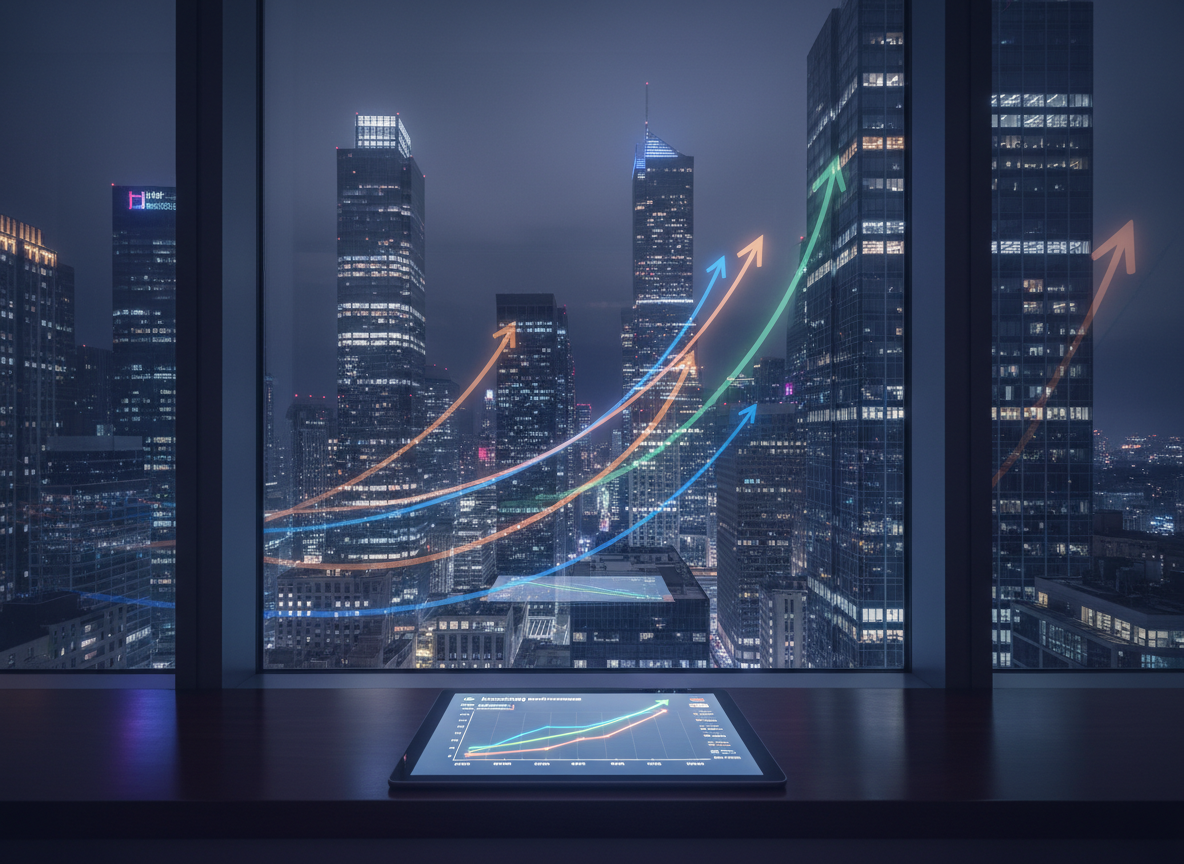 A stylized night-time cityscape viewed through a large office window, with illuminated building facades forming subtle arrow and upward-curve shapes that resemble growth charts. In the foreground on a dark wooden ledge, a single tablet lies flat, screen glowing with a clean, colorful analytics overview and a bold upward-trending graph. Reflections of the charts gently appear on the glass, blending real city lights with digital data. Soft, cool ambient lighting mixes with the tablet’s glow, creating a focused, aspirational mood. Photographic realism with a wide-angle composition, symbolizing momentum, scalability, and the expansive reach of effective digital marketing.