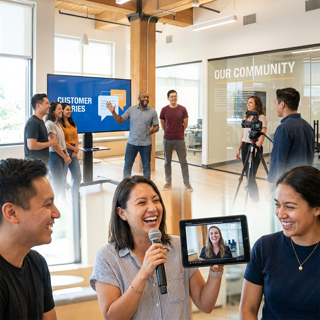 Diverse team filming a customer stories presentation in a modern office with a tablet display.