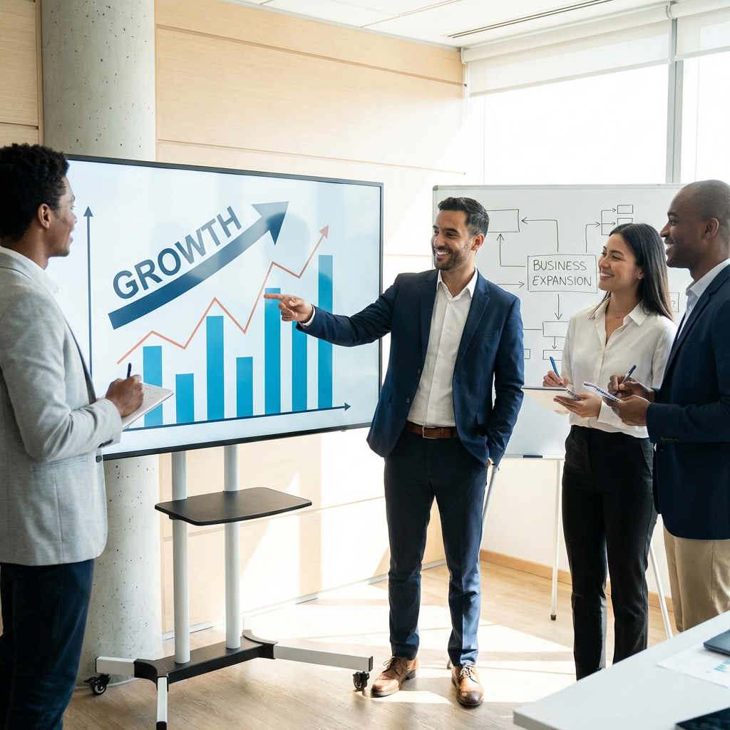 A professional team reviewing a rising growth chart on a large digital screen.