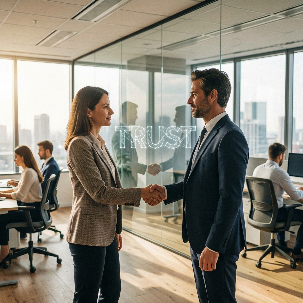 Business professionals shaking hands in an office with the word TRUST on a glass wall.