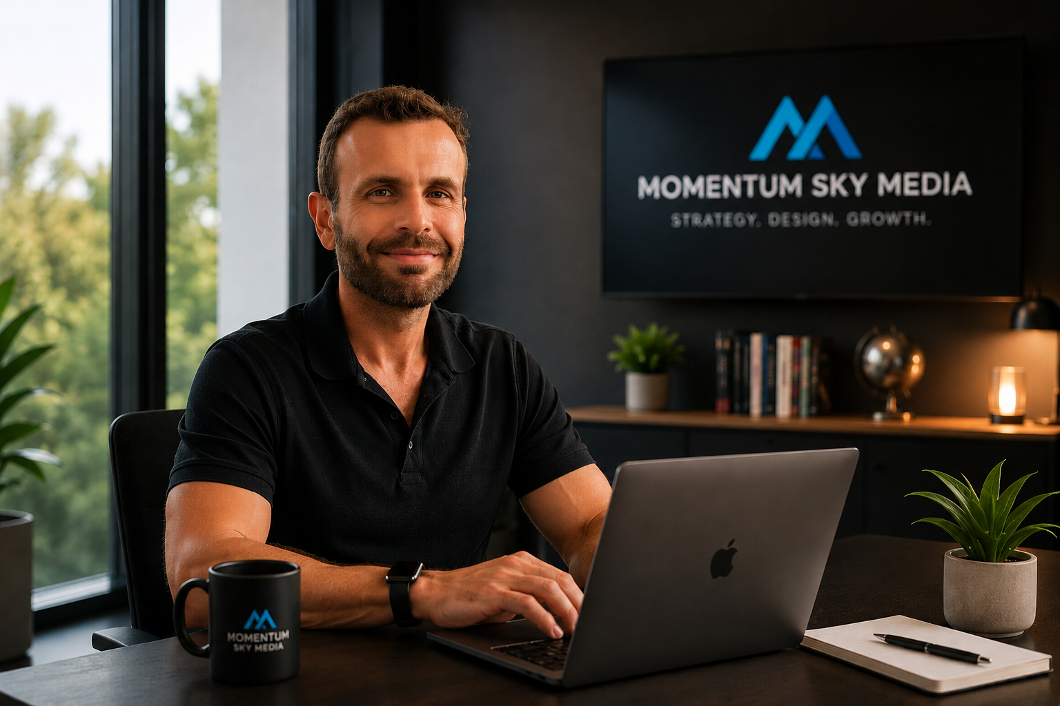 Founder of Momentum Sky Media working from a modern office to help businesses grow through digital marketing and SEO
