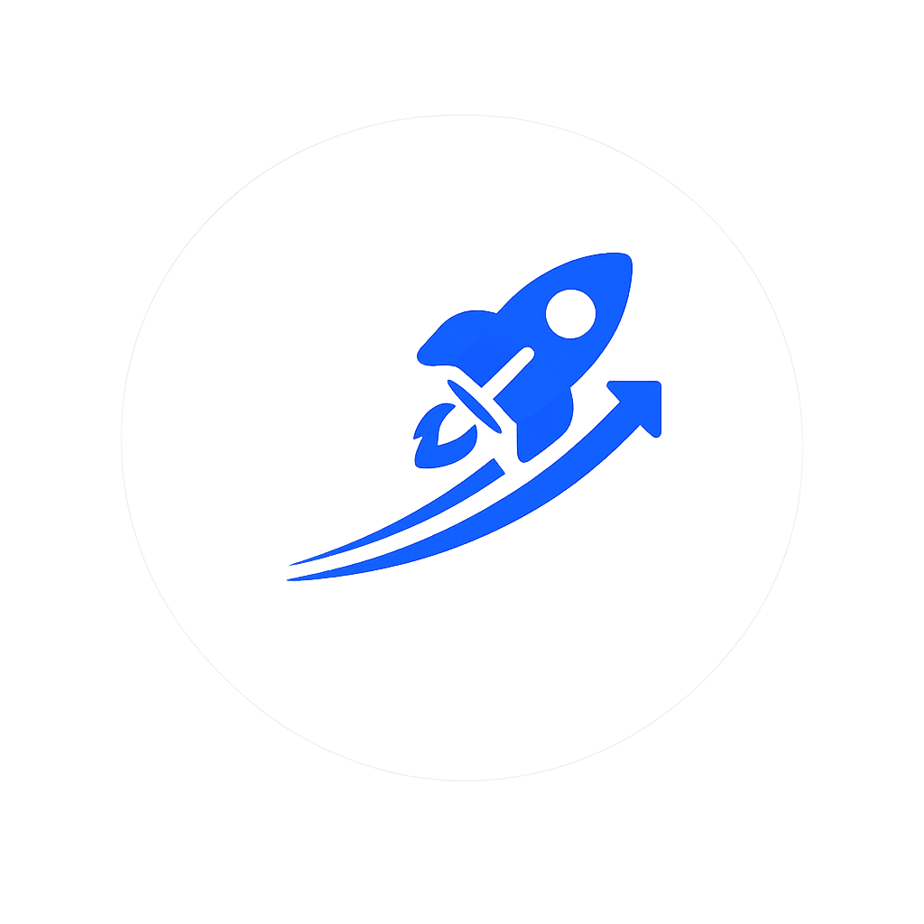 Blue rocket and upward arrow icon representing business growth through SEO.