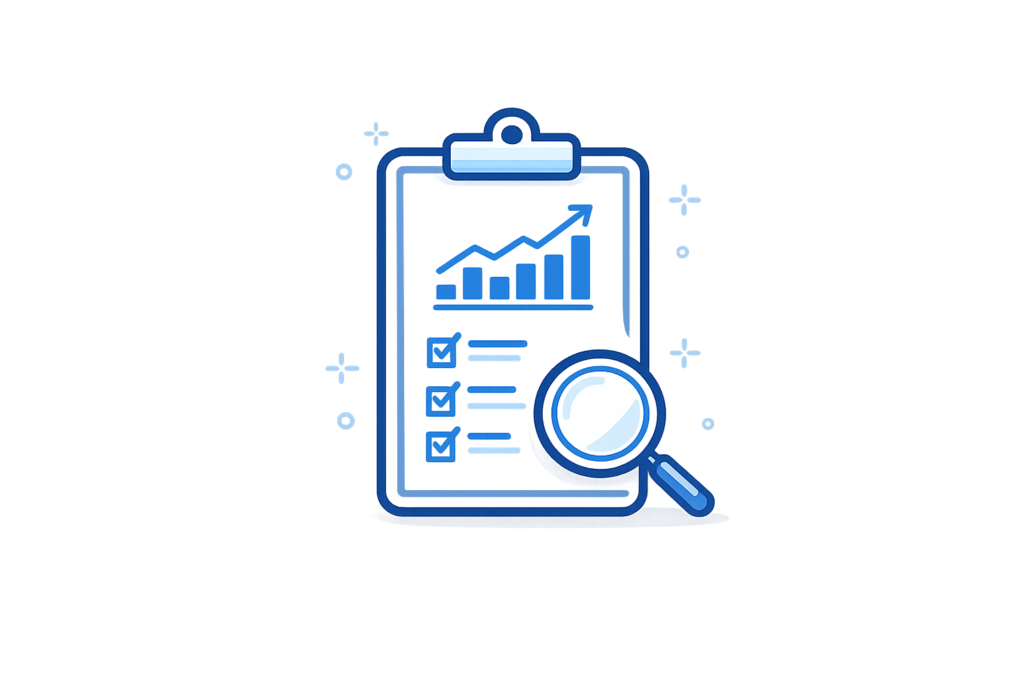 Blue competitor analysis magnifying glass and analytics icon