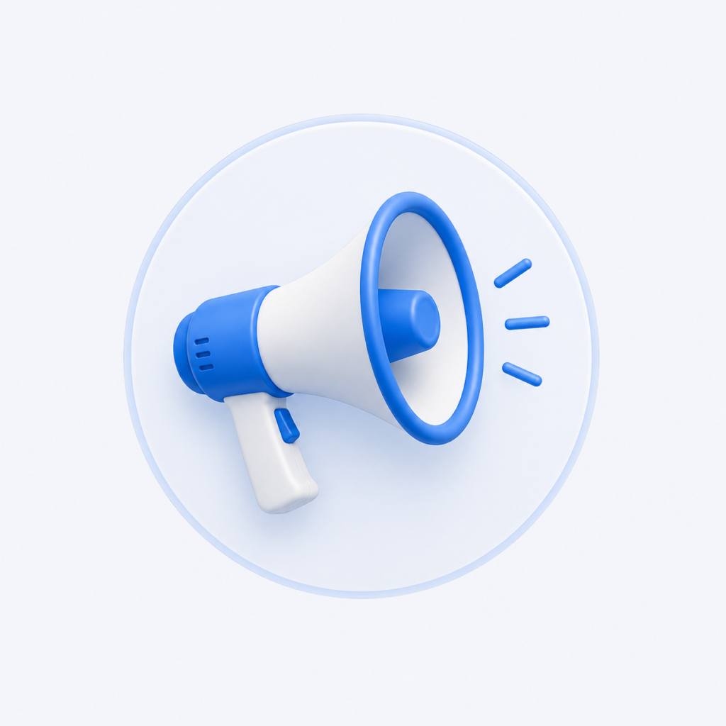 Blue 3D megaphone icon representing digital marketing and online promotion.