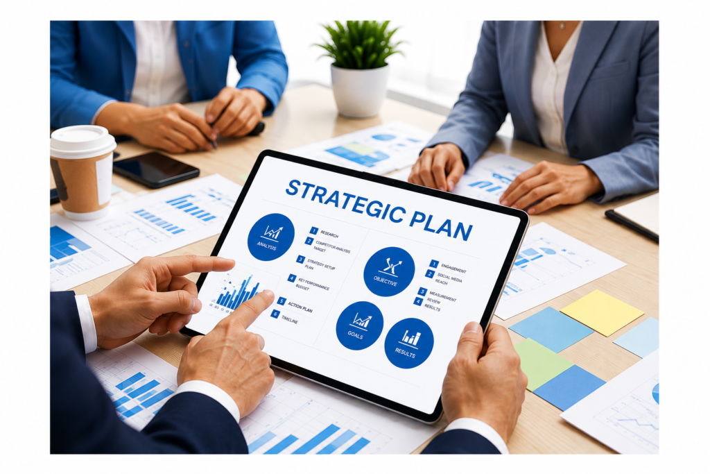 Business team reviewing a digital marketing strategy and growth plan on a tablet during a planning session.
