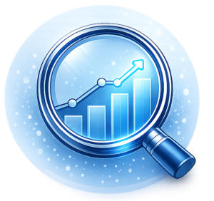 Magnifying glass analyzing website growth and business opportunities icon
