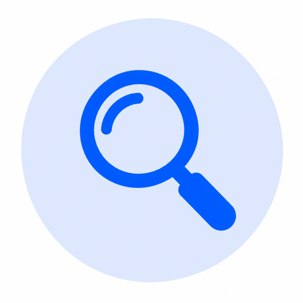 Blue magnifying glass discover icon inside a light blue circle