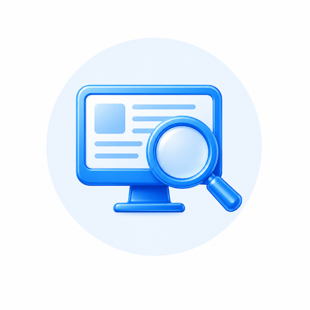 Glossy blue magnifying glass over a computer monitor icon representing website analysis and auditing.