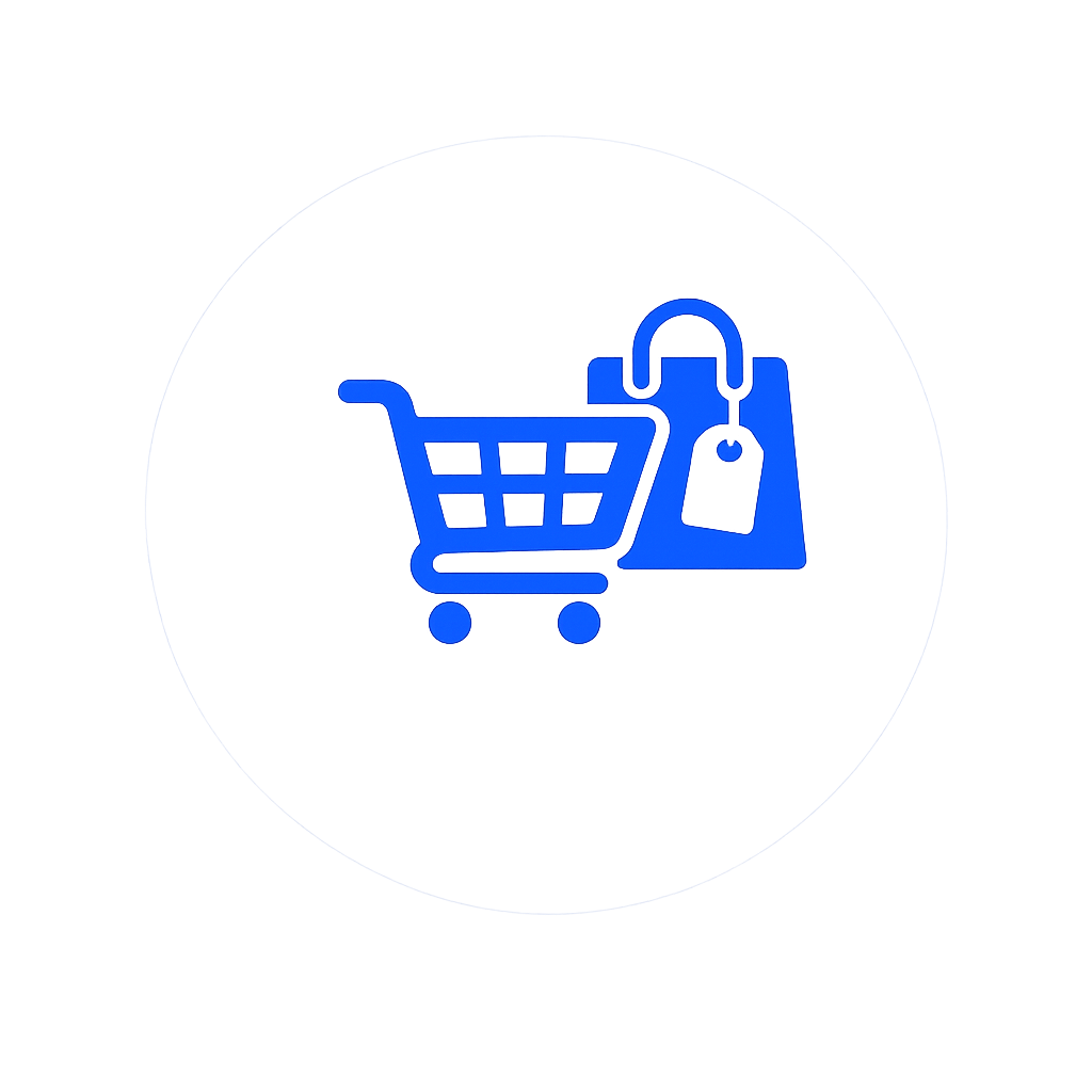 Blue shopping cart and shopping bag icon representing e-commerce SEO.