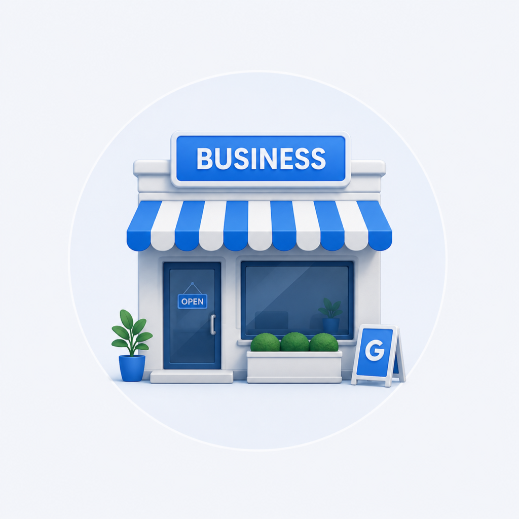 Blue 3D storefront icon representing Google Business Profile optimization.