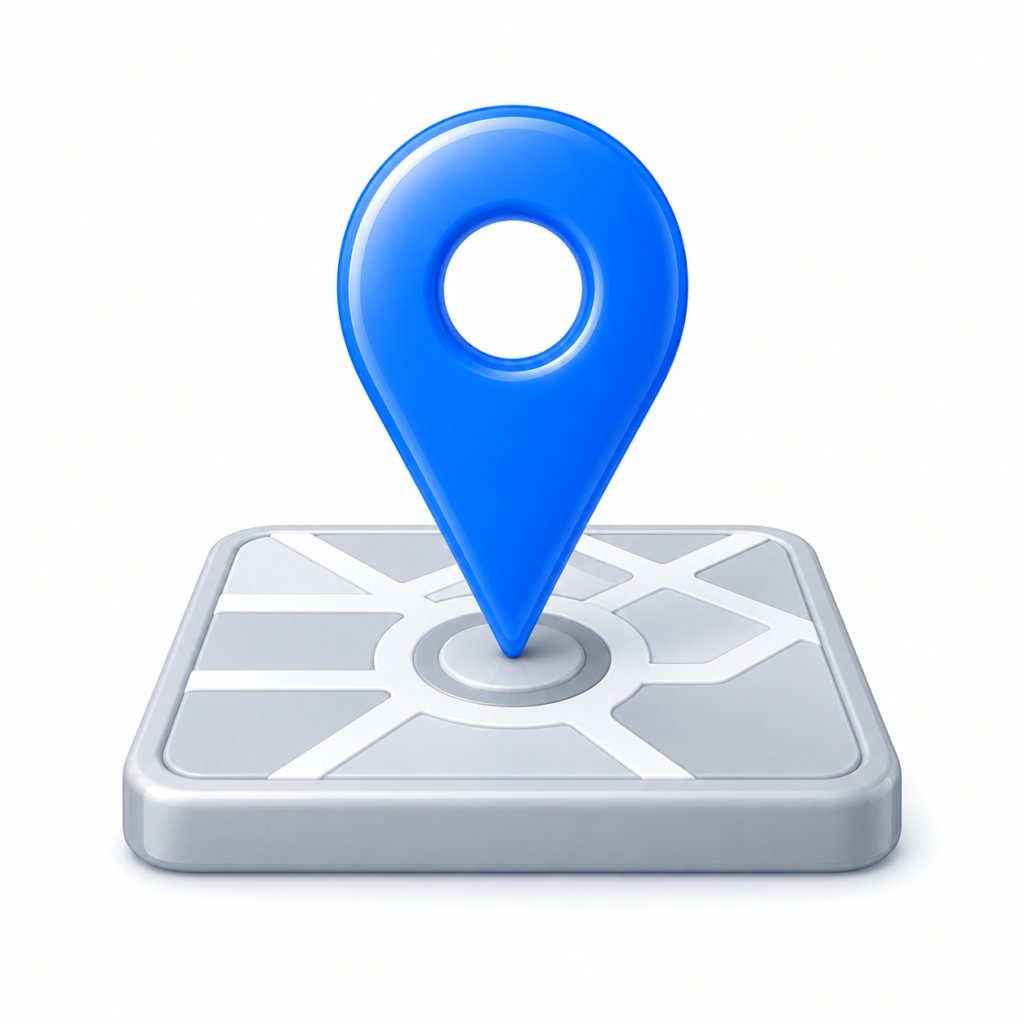 Glossy blue location pin on a gray map representing increased Google Maps visibility