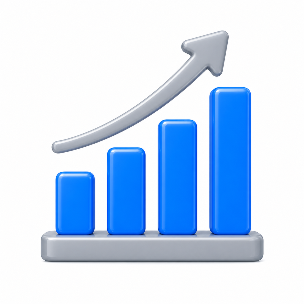 Blue rising bar chart with gray upward arrow representing higher local search rankings