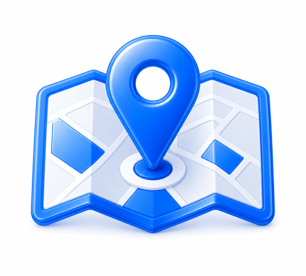 Glossy blue map and location pin representing local landing pages