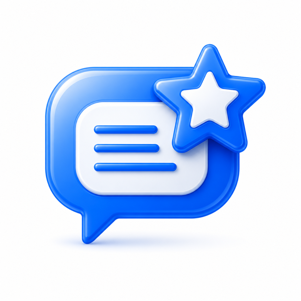 Glossy blue review bubble and star representing local review strategy