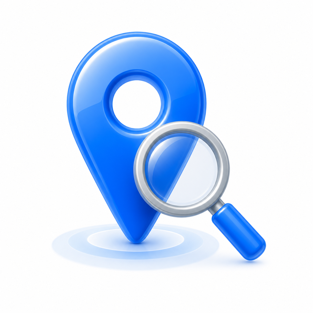 Map pin and magnifying glass representing the Local SEO discovery process