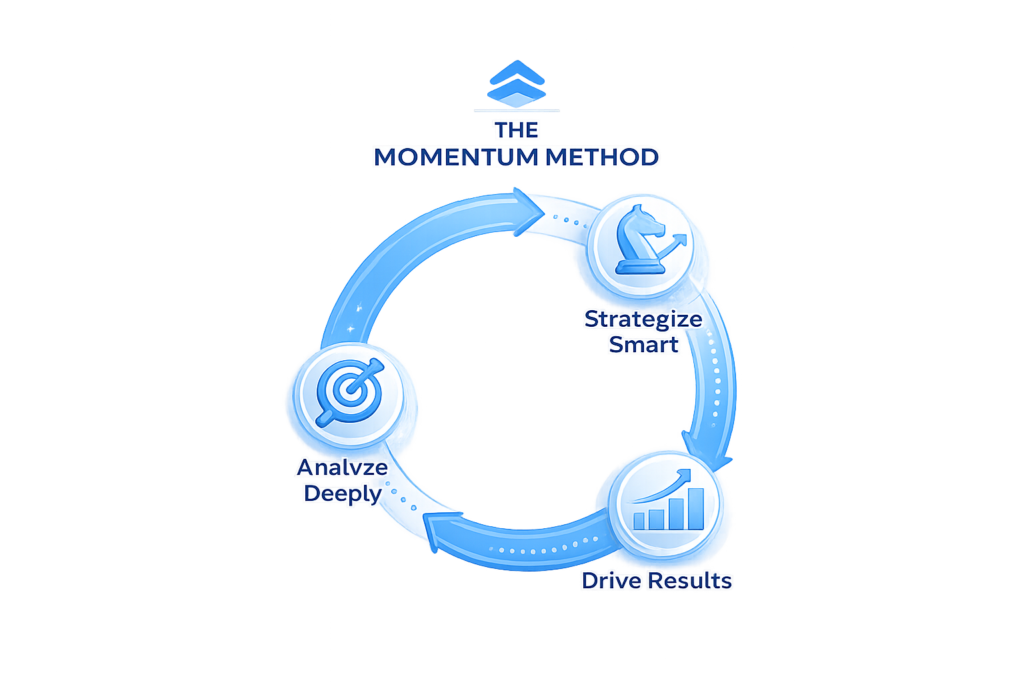 Momentum Method infographic showing the three-step digital marketing process: Analyze Deeply, Strategize Smart, and Drive Results.