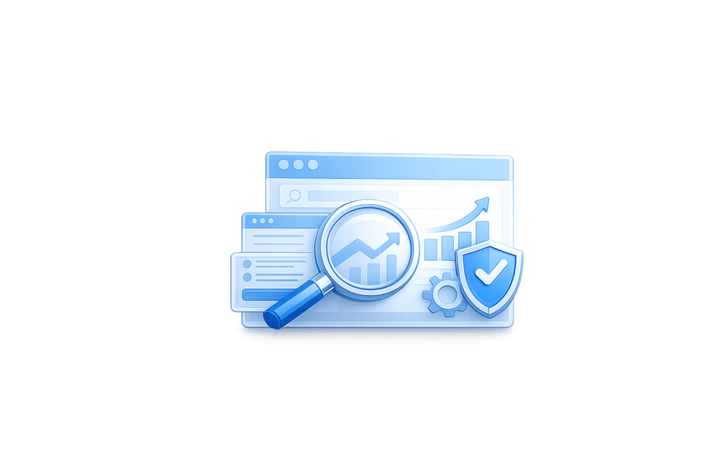 Website review illustration showing SEO analysis, performance metrics, and online presence evaluation.