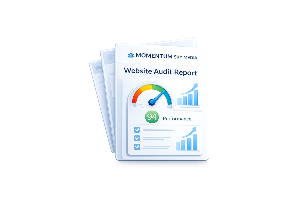 Website audit report illustration showing performance analysis, optimization checklist, and growth recommendations by Momentum Sky Media.
