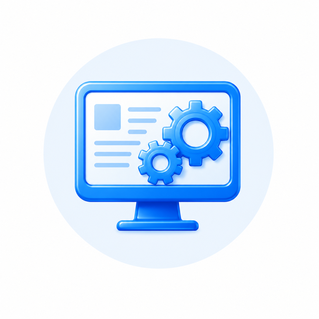 Glossy blue computer monitor with gears icon representing website optimization.