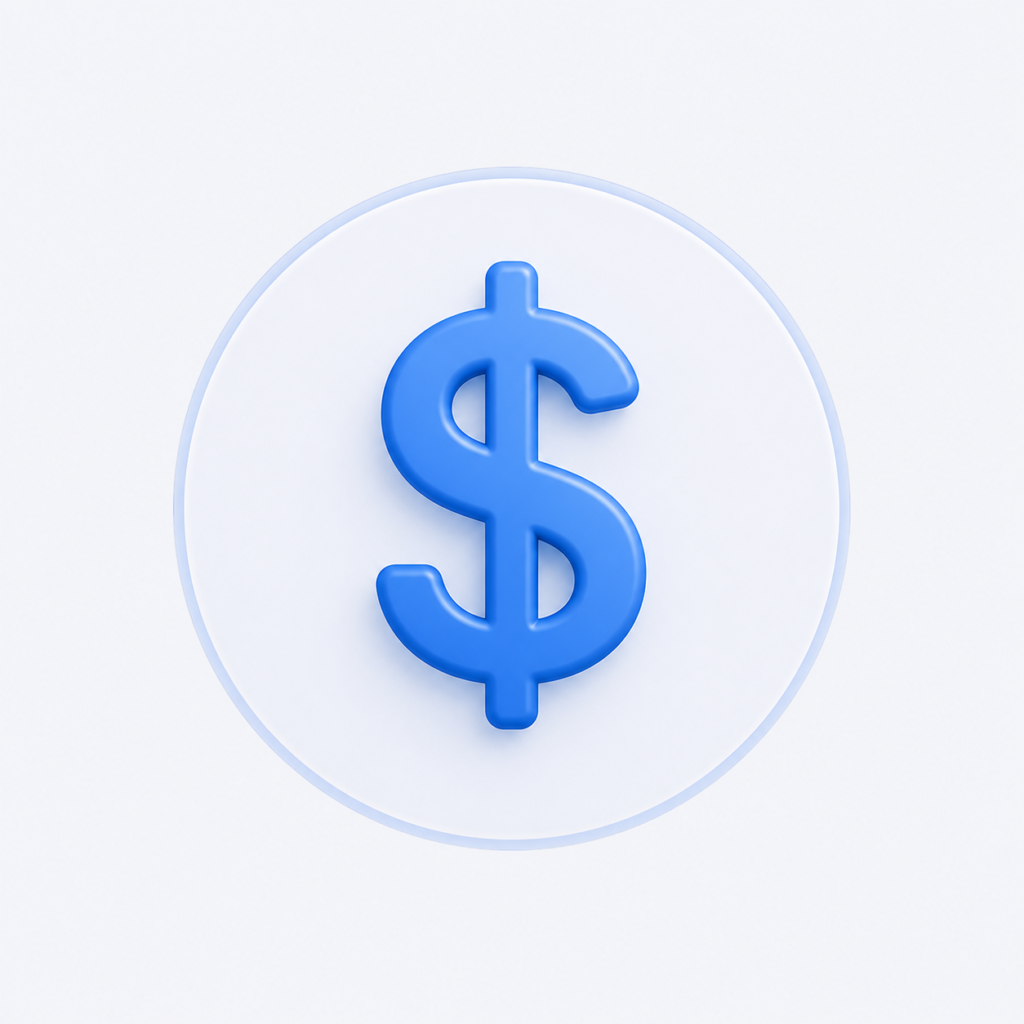 Blue 3D dollar sign icon representing pricing and investment information.