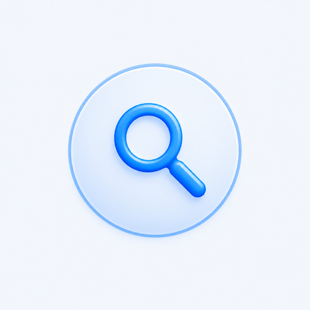 Blue 3D magnifying glass icon representing search engine optimization (SEO).