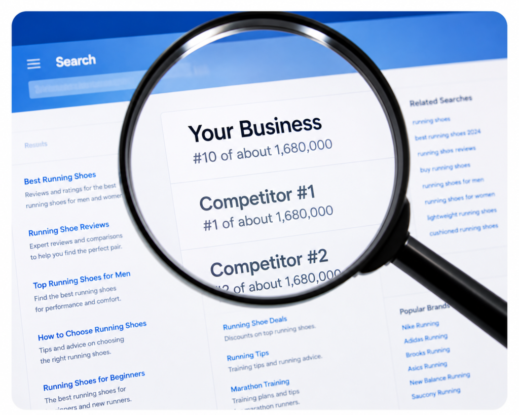 Magnifying glass highlighting search engine rankings and business visibility on a computer screen, representing SEO analysis and keyword research.