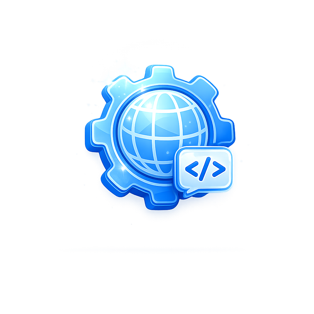 Glossy blue gear and globe icon representing technical SEO and website optimization.