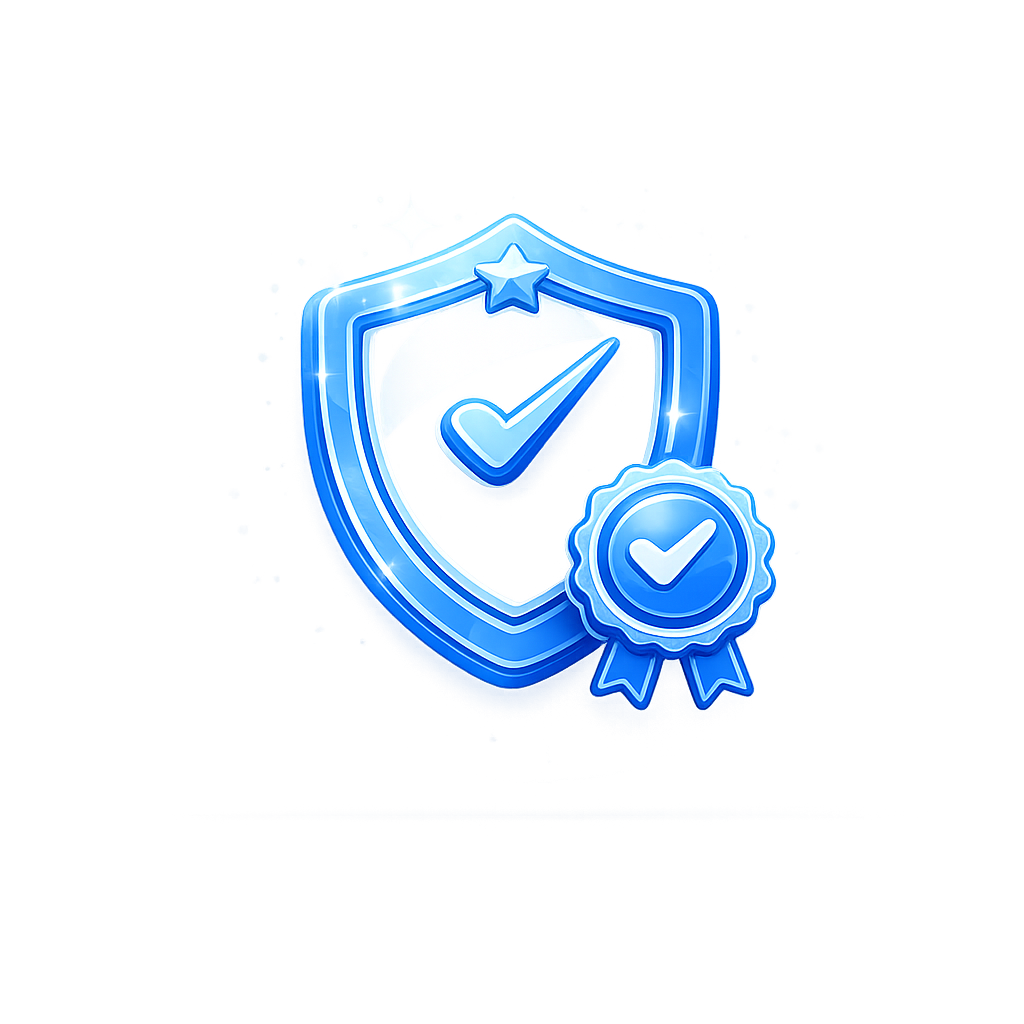 Glossy blue shield and badge icon representing trust, security, and website credibility.