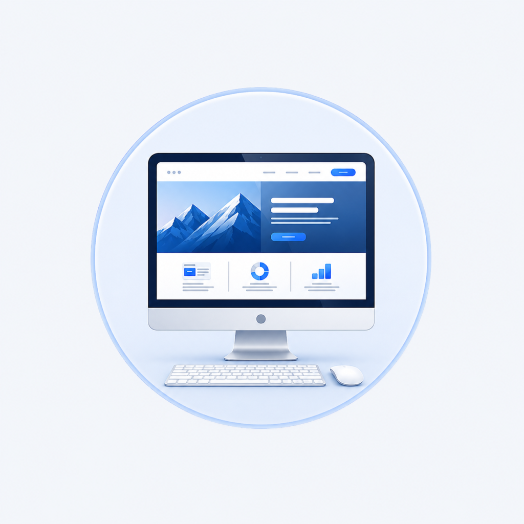 Blue 3D computer monitor icon representing website design and development.